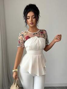 Elenzga Blusa de mujer de manga corta con bordado floral de malla, diseño elegante de cintura, top elegante adecuado para salidas diarias - Albaricoque - Ver 3
