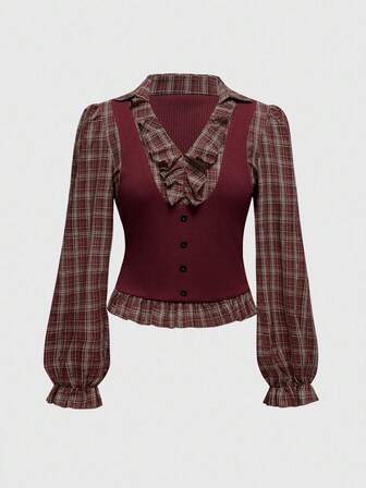 Goth Conjunto de 2 piezas estilo gótico a cuadros: vestido camisero de manga larga, blusa a cuadros de talla grande para mujer 2 en 1