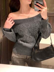 DAZY Women's Elegant Cropped Off-Shoulder Cable Knit Sweater