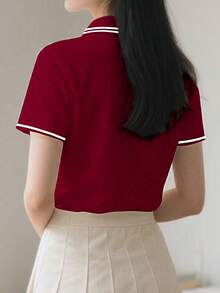 Resyla 1件女士休闲爱心刺绣滚边短袖T恤，夏季图案T恤女式上衣 - 酒紅色 - 查看 4