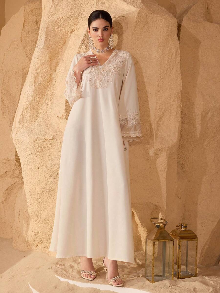 SHEIN Najma Elegant Lace Patchwork Beaded Long Sleeve Dress, Fashionable And Youthful - Champagne - View 1