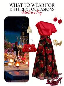 Ellevyn 女士纯红色不对称肩部褶皱露脐上衣搭配印花雪纺A字裙两件套，优雅百搭，适合日常穿着、情人节和早春场合。 - 彩色 - 查看 17