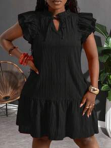 Slaydiva 大码女式纯色荷叶边系领休闲迷你连衣裙，夏季连衣裙，女士谈话连衣裙，礼拜连衣裙，Zanzea 女式连衣裙 Ycv9w 女式连衣裙折扣码 - 黑色 - 查看 4
