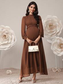 SHEIN 孕妇纯色立领长袖褶皱优雅连衣裙 - 咖啡棕 - 查看 5
