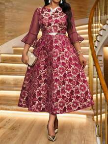 SHEIN Lady Đầm dài tay in hoa cỡ lớn - Màu Đỏ Sâu - Xem 1
