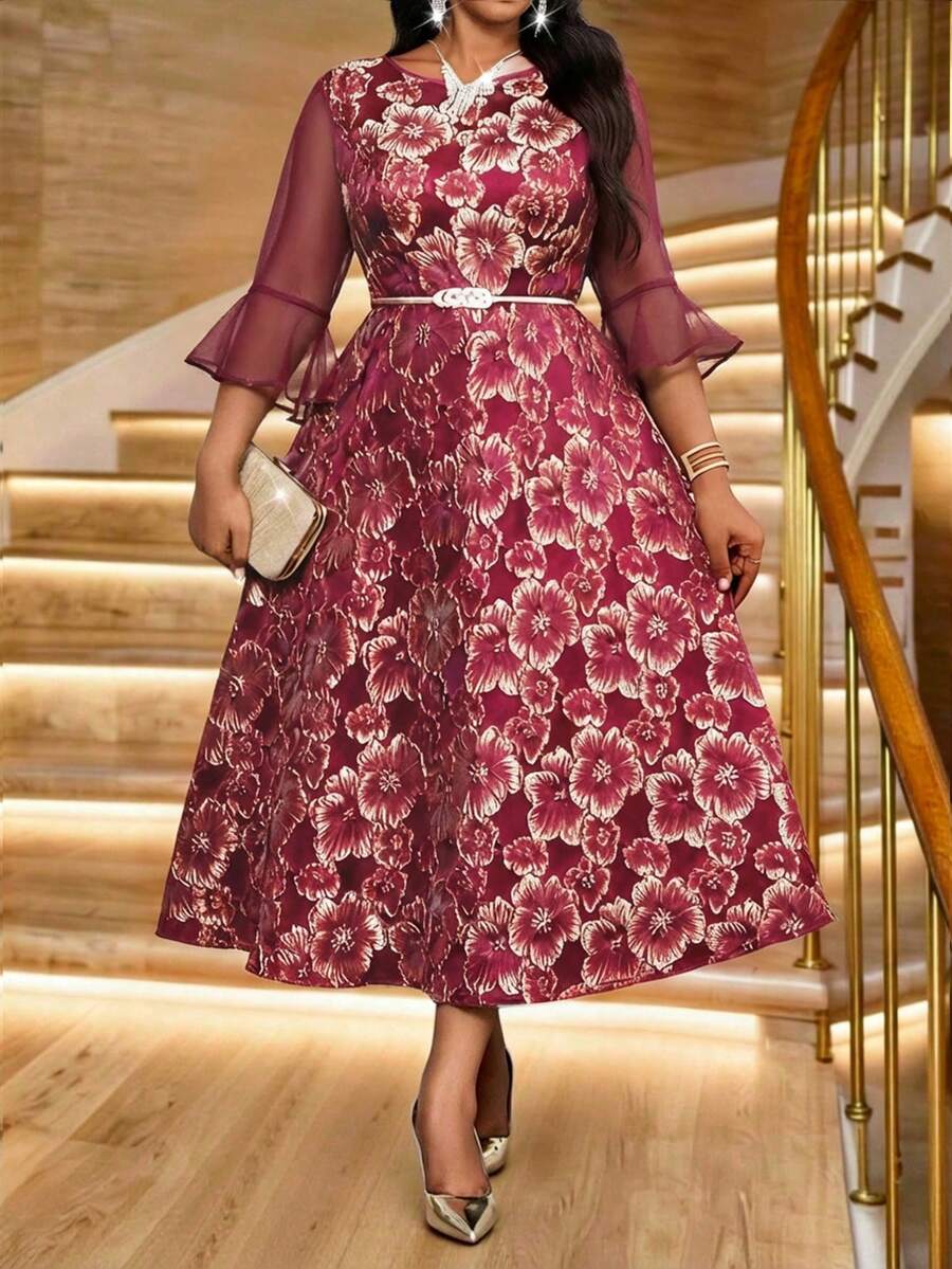 SHEIN Lady Đầm dài tay in hoa cỡ lớn - Màu Đỏ Sâu - Xem 1