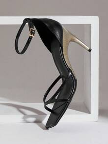 SHUZIA Women's Elegant Minimalist Round Toe Ankle Strap Stiletto Heel Sandals - Black - View 4