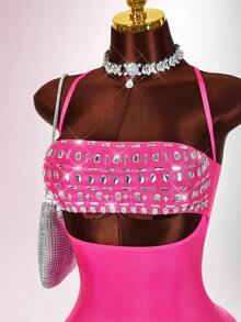 Amplova Women's Rhinestone Cutout Bodycon Mini Slip Dress, Sexy - Hot Pink - View 5