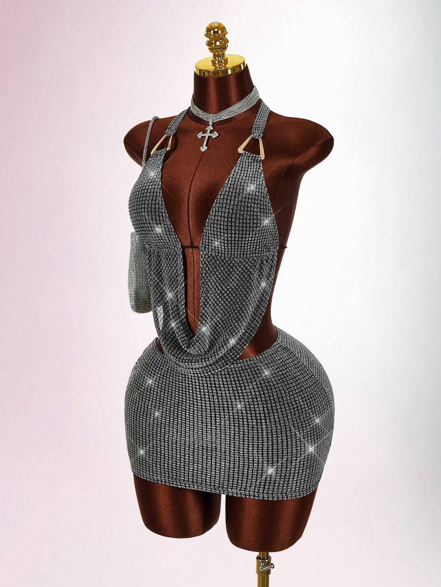 Amplova Women's Plunging Neck Glitter Halter Top And Side Cutout Bodycon Mini Skirt Sexy 2 Pieces Set - Silver - View 1