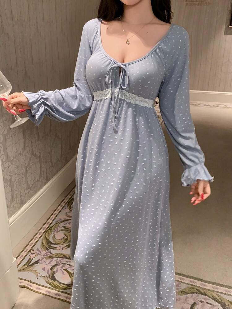 French Pleated Tie Collar Floral Lace Trim Waist Cinched Long Women Nightgown