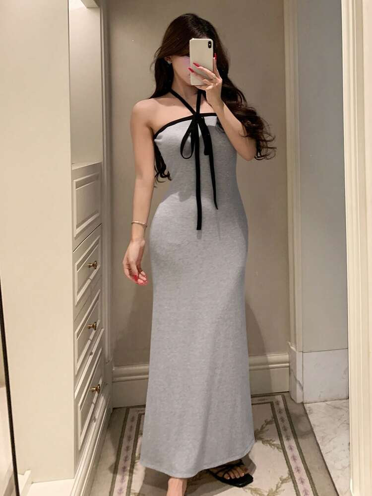 Contrast Color Halter Tie Front Fitted Long Women Nightgown
