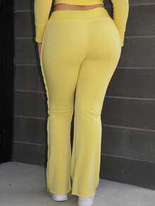 Arliah Women Casual Fashion Sports Tight Solid Color Thin Fleece Yoga Pants - Yellow - View 2