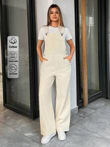 EURMUSE Women's Solid Color Minimalist Everyday Denim Overalls Jumpsuit - Beige - View 5