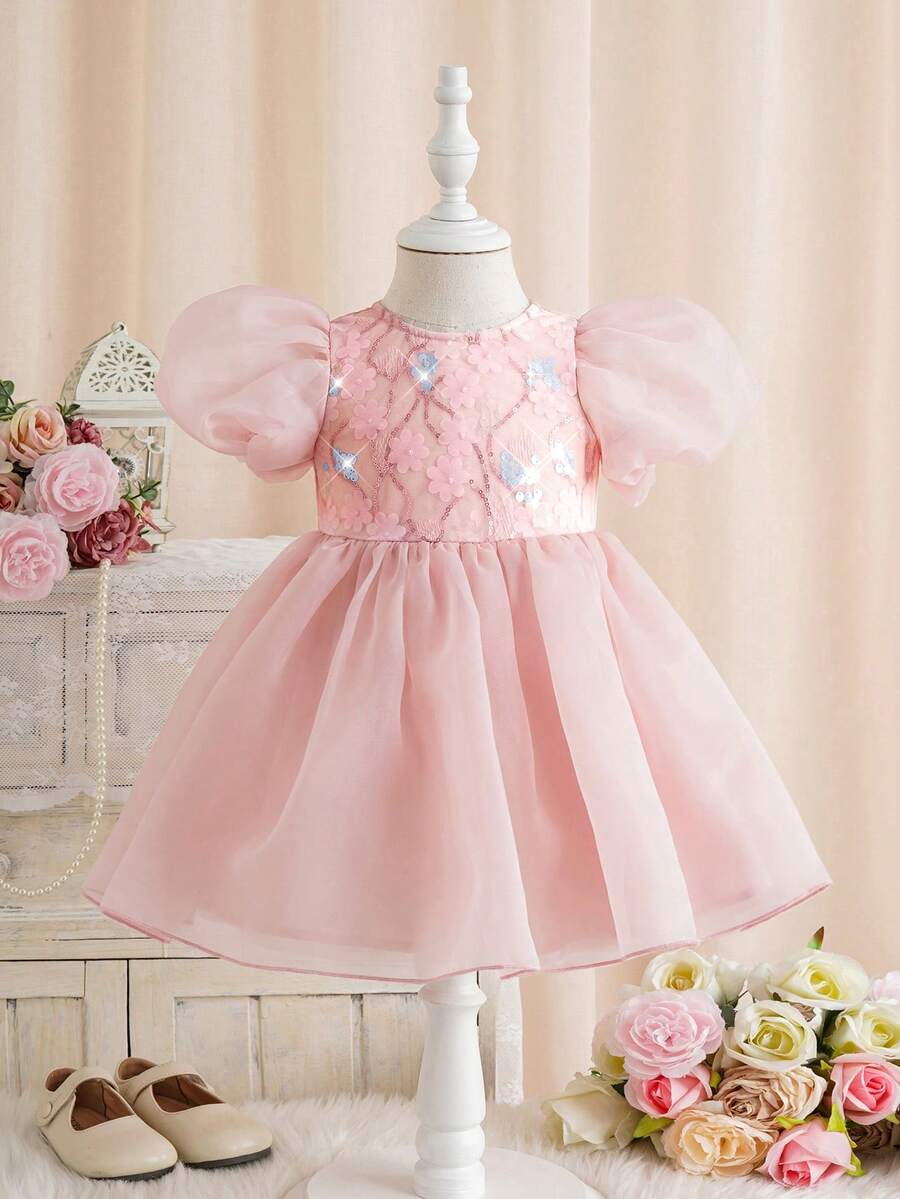 SHEIN 优雅可爱的粉色薄纱蝴蝶结短袖公主裙，正式场合着装 - 粉色 - 查看 1