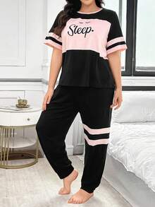 Lazeform 撞色块字母印花加大码女式睡衣套装，含圆领 T 恤和裤子，套装