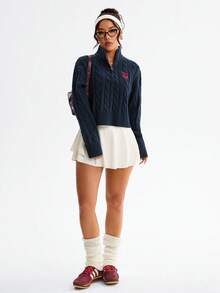 Dewbera Women's Zip-Up Embroidered Sweater - Navy Blue - View 5
