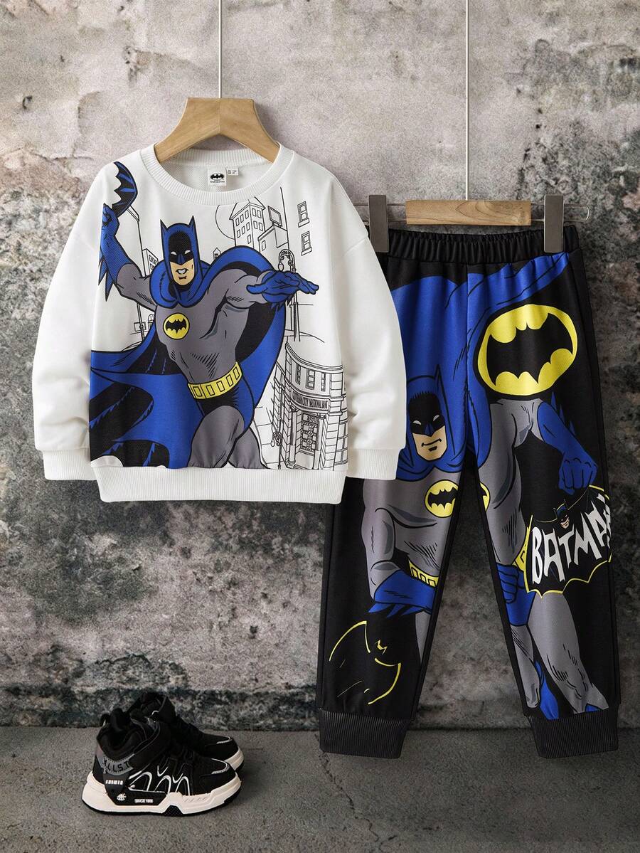 BATMAN X SHEIN 85th 2pcs/Set Young Boy Cartoon Print White Casual Crew Neck Sweatshirt And Black Sports Pants Outfit - Multicolor - View 1