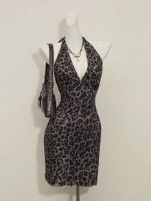 Franclia Vestido mini elegante y ajustado con cuello en V y cintura anudada con estampado de leopardo para mujer - Café integral - Ver 1
