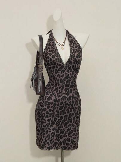 Franclia Women's Elegant Fitted Leopard Print V-Neck Tie Waist Mini Dress