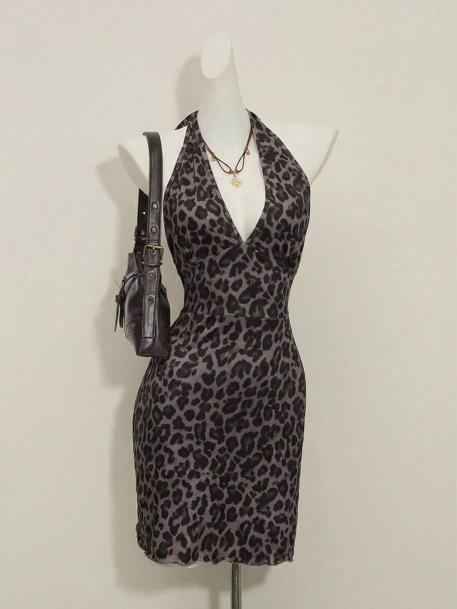 Franclia Vestido mini elegante y ajustado con cuello en V y cintura anudada con estampado de leopardo para mujer - Café integral - Ver 1