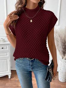 SHEIN LUNE Women's Elegant Red Romantic Textured Sleeveless Pullover Knit Top - Burgundy - View 3