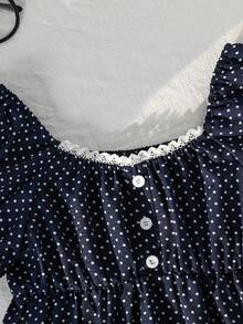 Sparklyn 女童复古甜美风上衣一件：珍珠饰边+白色波点，泡泡袖短袖方领收腰设计，轻薄不蓬松，宽松舒适，适合约会/日常穿着，春夏皆宜。 - 藏蓝色 - 查看 3