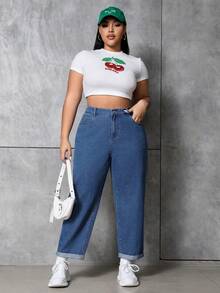 SHEIN ICON Jeans ajustados de talle alto de estilo casual para mujer de talla grande, versátiles para el uso diario - Azul lavado medio - Ver 6