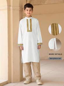 2pcs/Set Tween BoyCasual Long Robe With Stand Collar And Straight Leg Pants Outfit