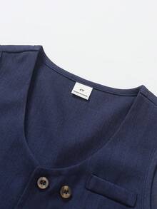 SHEIN Traje de 2 piezas para niños de 4 a 7 años para volver al colegio: chaleco sin mangas de tejido texturizado en rojo navideño y pantalones a cuadros de tejido texturizado, conjunto formal elegante para ocasiones como fiestas, cumpleaños, festividades en primavera, otoño e invierno - azul real - Ver 5