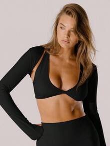 Aralina Leisurewear Crop Long Sleeve Activewear Shrug With Thumb Hole Detail And Bag