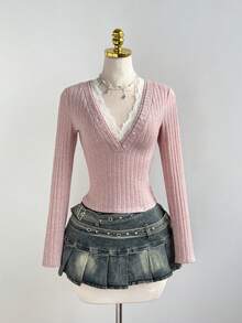 Elamini Cute & Sweet Textured Lace Splice Deep V Slim Fit Long Sleeve T-Shirt, Spring - Pink - View 4