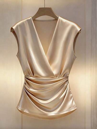 GlowEve Women's Solid Color Overlap V-Neck Ruched Elegant T-Shirt