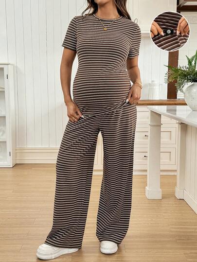 SHEIN Maternity Clothes Maternity Co Ord Set Spring And Summer Pregnant Clothes Brown Maternity Two-Piece Set: Maternity T-Shirt And Pants, Striped For Comfort And Casual Wear