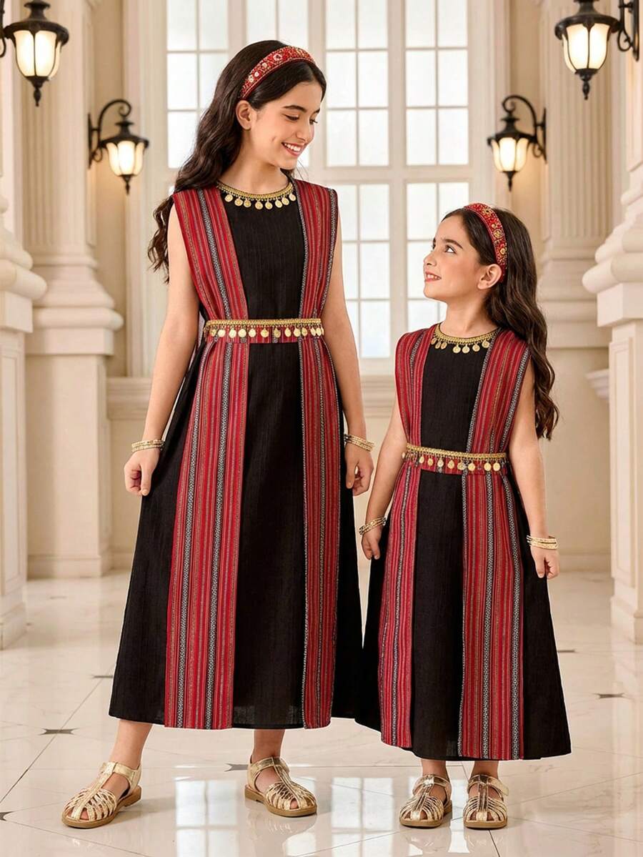 SHEIN Áo choàng sequin thắt eo họa tiết hoa lạ mắt dành cho bé gái, thời trang và thanh lịch, thích hợp cho các bữa tiệc và chuyến đi chơi - màu đen - Xem 1