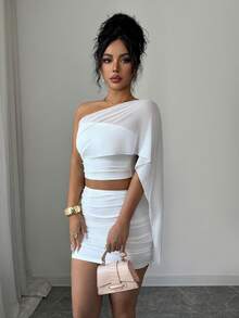 Selianne Sexy Sheer Mesh Splice Outfit, Summer Ruched Waist Bodycon Mini Skirt & Bandeau Crop Top 2 Pieces Set - White - View 3