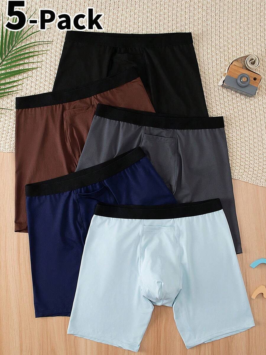 Teen Boys Trunks-5 Pack Black Gray Navy Light Blue Brown Elastic Waistband Stretch Comfort Moisture Wicking Quick Dry Soft Fit Athletic Casual School Home Travel Four Seasons 2026 Holiday Essential - Multicolor - View 1