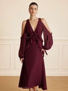 Revavyn 时尚雪纺荷叶边长袖连衣裙，百搭纯色，欧美风格，秋冬款 - 酒紅色 - 查看 3