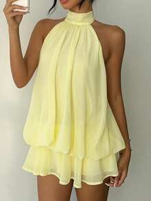 SHEIN Elegant Party Solid Color Backless Halter Neck Dress For Teen Girls - Yellow - View 3
