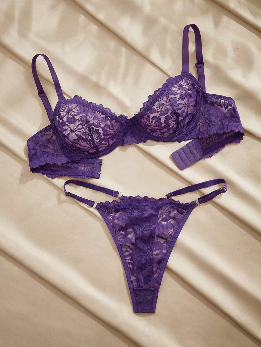 Charlaine 2pcs Lace Lingerie Set For Women, Sexy & Romantic Bra And Thong, Wireless - Purple - View 1