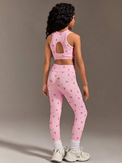 Tween Girls Activewear Set, Colorful Pattern, Bright & Vivid, Top With Cutout Back Design + Pants Set, Suitable For Gymnastics Training, Daily Wear, And Casual Outings