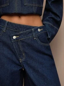 SHEIN Tall CURVE 秋冬夏季加大码女式直筒牛仔裤，休闲宽松不对称腰线设计，原色牛仔布 - 深色水洗藍 - 查看 5