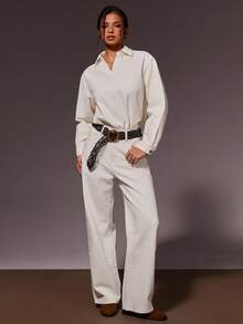 Athîral Denim Women's Solid Color Minimalist Long Sleeved Top And Jeans Set,Off-White,Autumn,Casual,Everyday Versatile Relaxed Street Date Party Holiday Outfits - White - View 2
