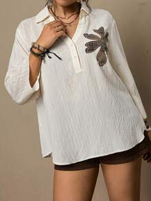 SHEIN VCAY Áo kiểu dáng rộng rãi, phong cách retro bohemian phương Tây, thêu hoa, cổ bẻ, tay lỡ 3/4 dành cho nữ. - trắng - Xem 4