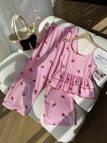 SHEIN 2pcs/Set Girls Casual Vacation Cute Red Floral Plaid Set, Plaid Camisole Top With Ruffle Hem + Loose Wide Leg Pants, Suitable For Daily Outing And Vacation - Red and White - View 3