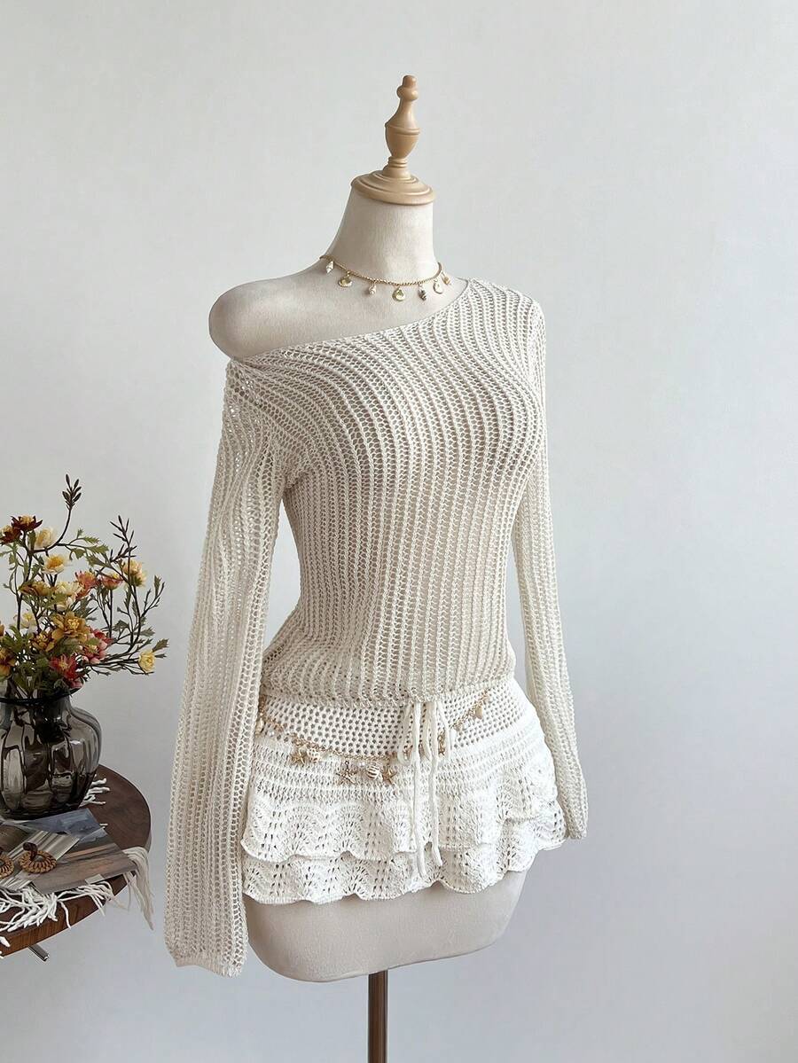 Elamini Women's Apricot Sheer Crochet Pullover Sweater, Sexy Casual Beach Cover Up, Lightweight Vacation Style For Summer - Apricot - View 1