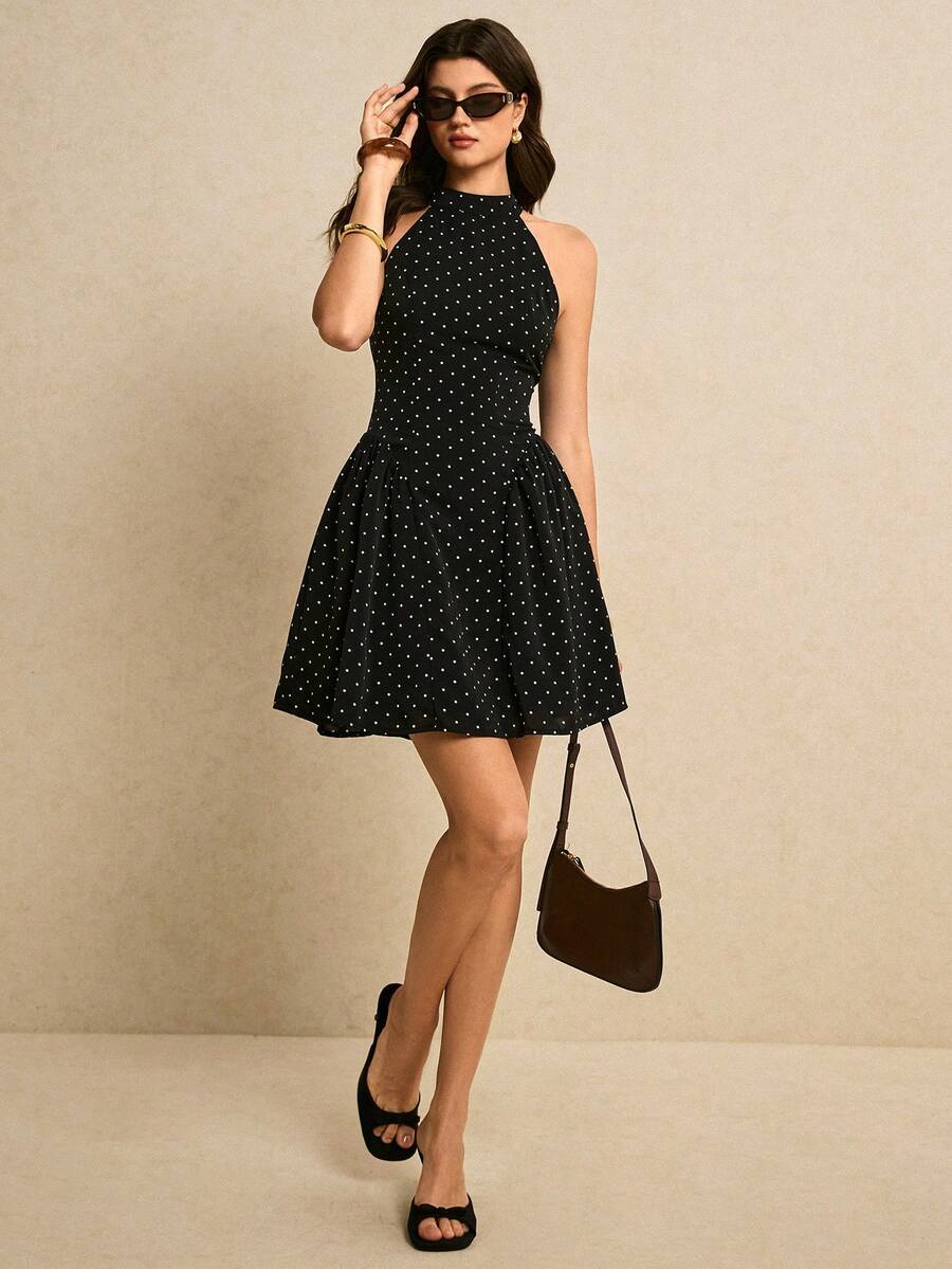 Poéselle 女士波点印花休闲无袖连衣裙