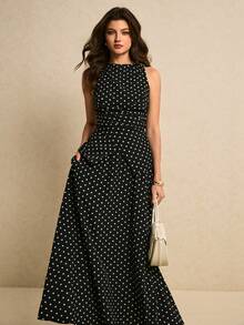 Poéselle 女士波点印花不对称下摆无袖上衣和迷你裙优雅两件套 - 黑與白 - 查看 6