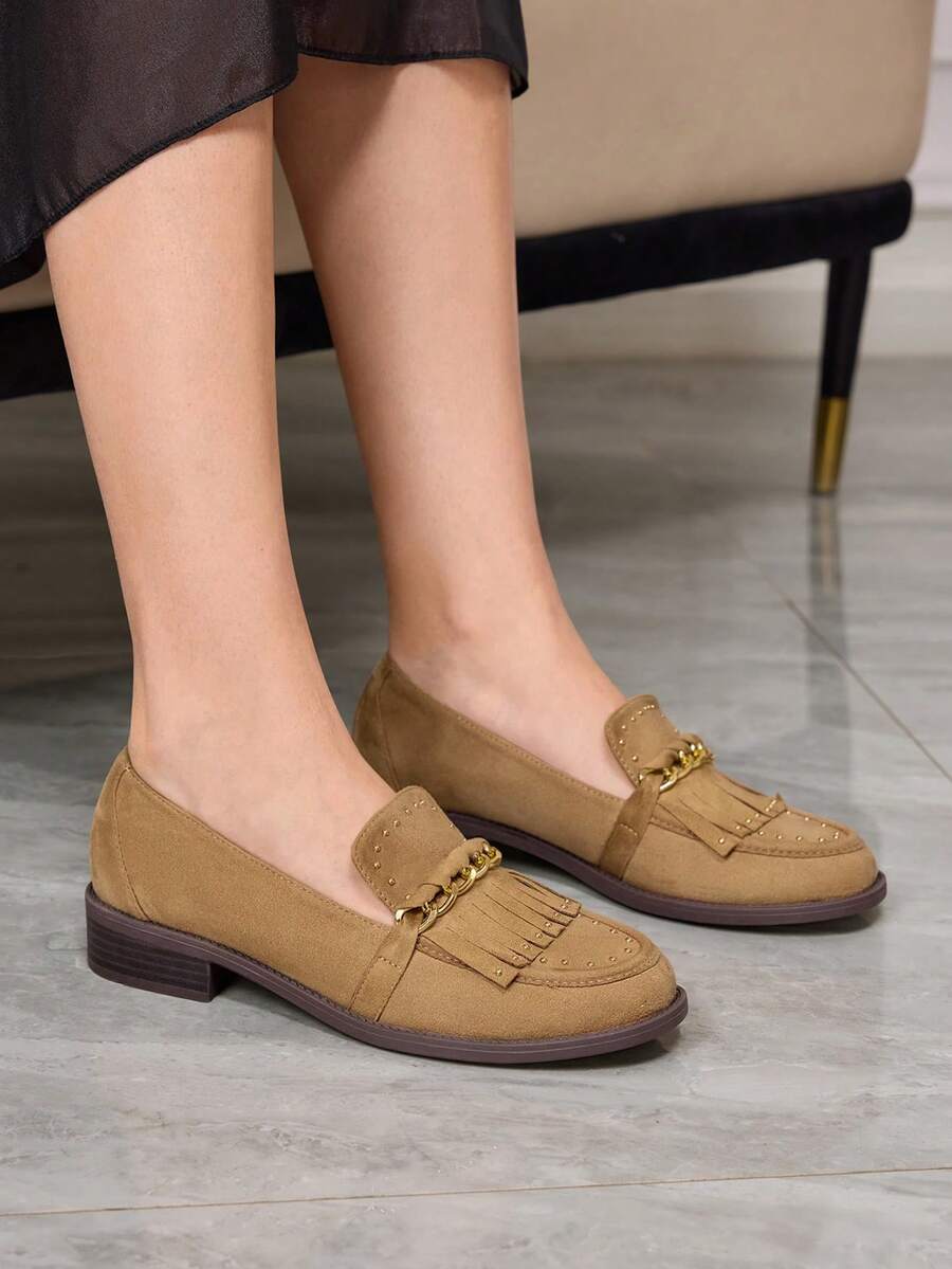 Sleekvia 女士休闲套脚乐福鞋，带流苏设计 - 卡其色 - 查看 1