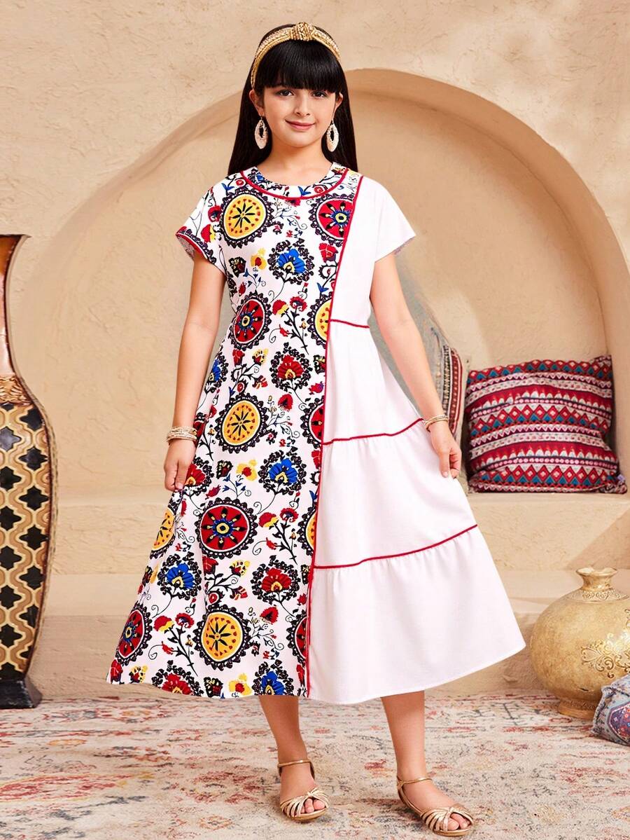 SHEIN 少女宽松休闲撞色拼接圆领连衣裙,适合旅行、度假、乡村风、休闲度假、波西米亚风等场合。 - 彩色 - 查看 1