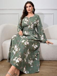 Al Najma 大码女式印花喇叭袖纽扣设计优雅阿拉伯连衣裙 - 紅色 - 查看 6